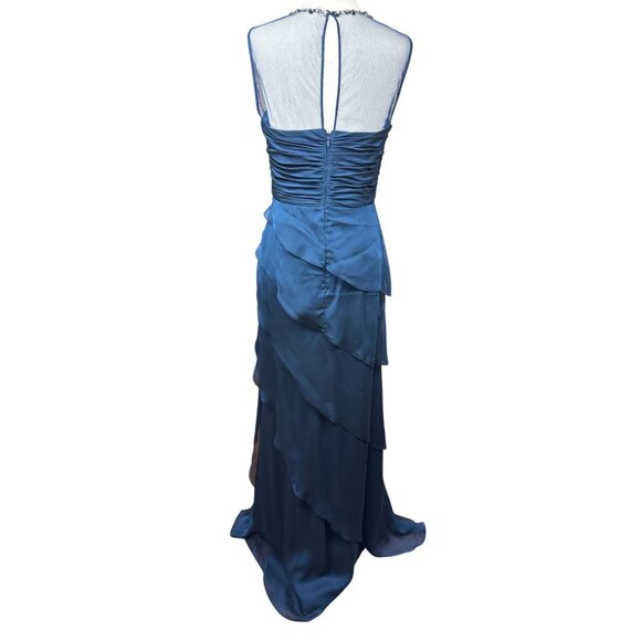 Adrianna Papell Blue Beaded Illusion Neck Tiered Chiffon Gown 4 Elegant Bodice - Picture 9 of 16